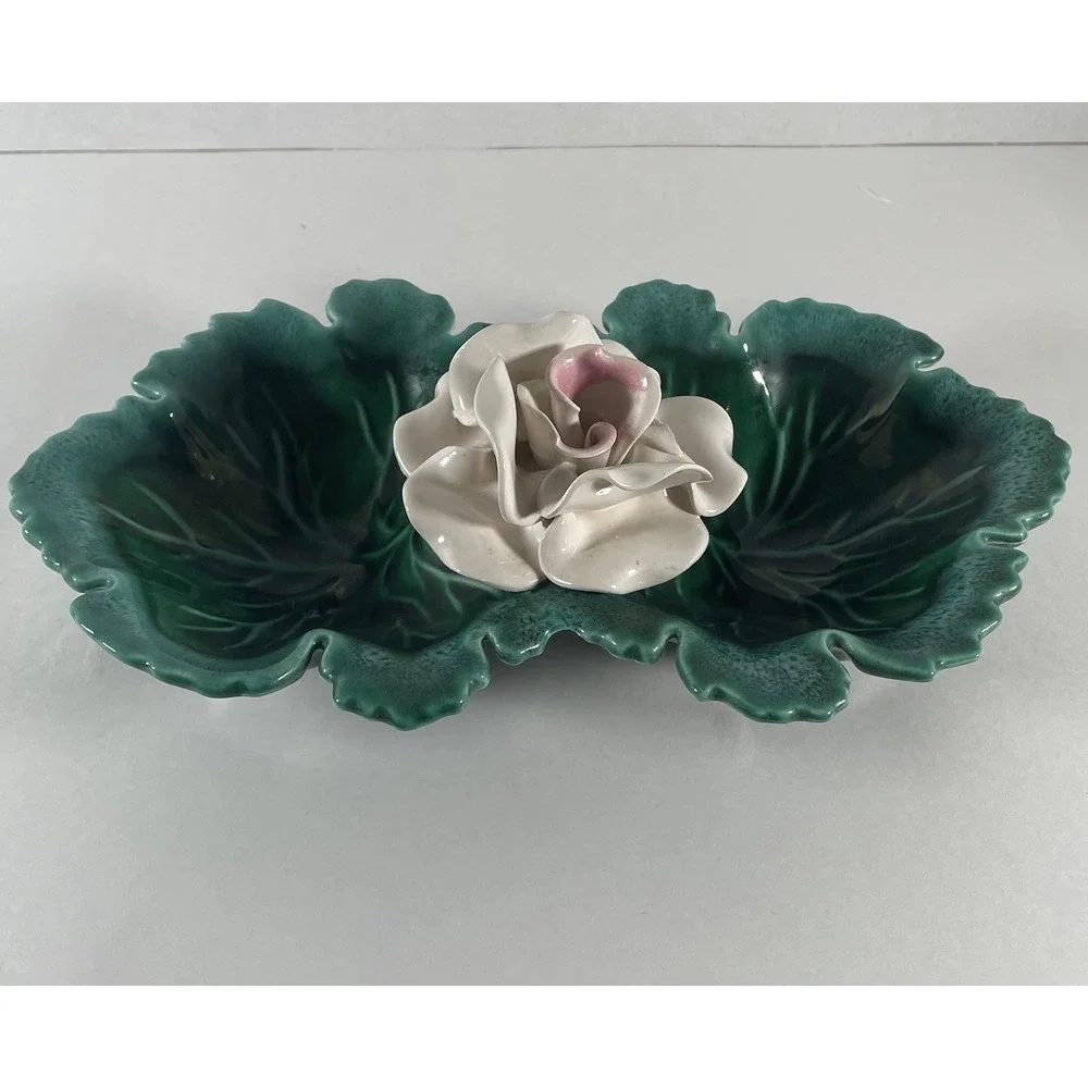 Vintage USA Pottery Leaf and Rose Divided Dish Mid Century‎ Trinket Bowl